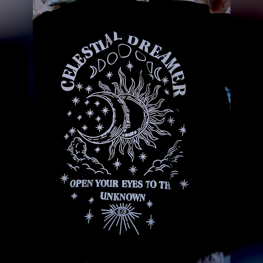 Black (medium) celestial dreamer open your eyes to the unknown shirt